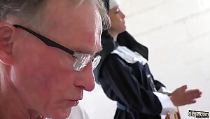 Sexy young nun has sexual relations for the first time with a grandpa round the confessional